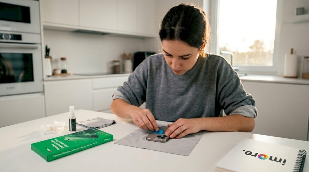 Žena si u kuchyňského stolu pečlivě nalepuje ochranné sklo na displej svého iPhonu. Žena si u kuchyňského stolu pečlivě nalepuje ochranné sklo na displej svého iPhonu.