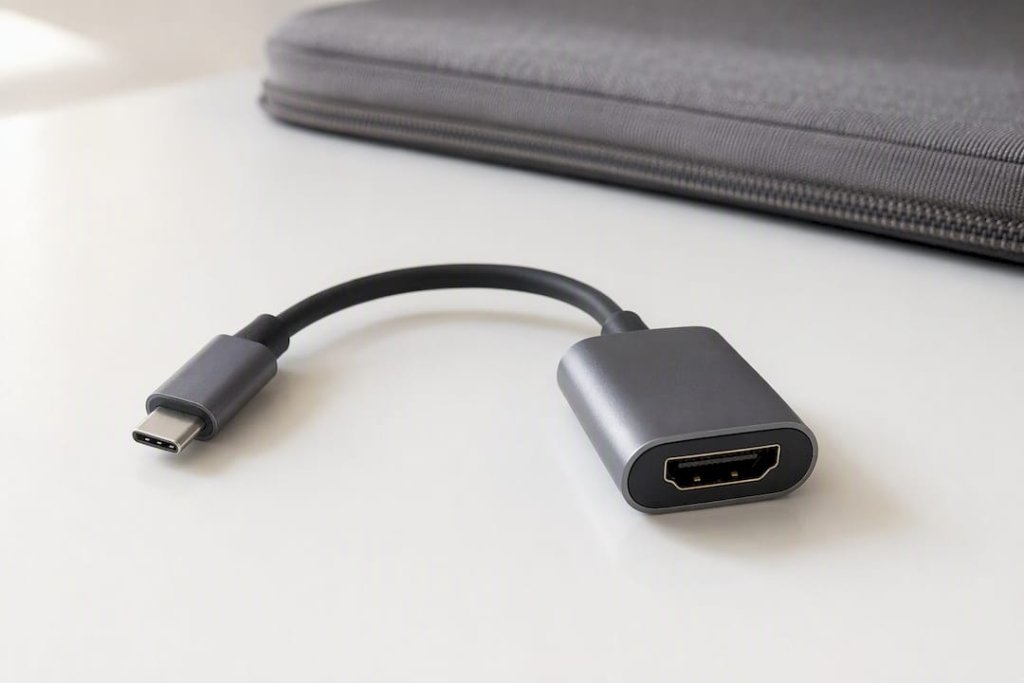 Detailn&iacute; z&aacute;běr adapt&eacute;ru USB-C na HDMI s připojen&yacute;m kabelem