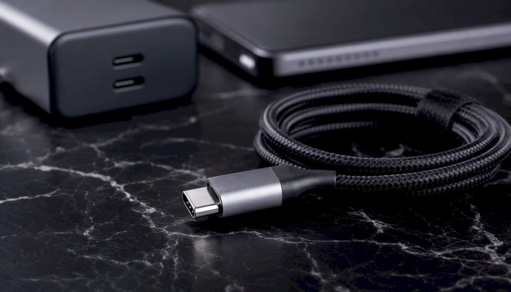Detailní pohled na výkonný nabíjecí kabel s konektorem USB-C