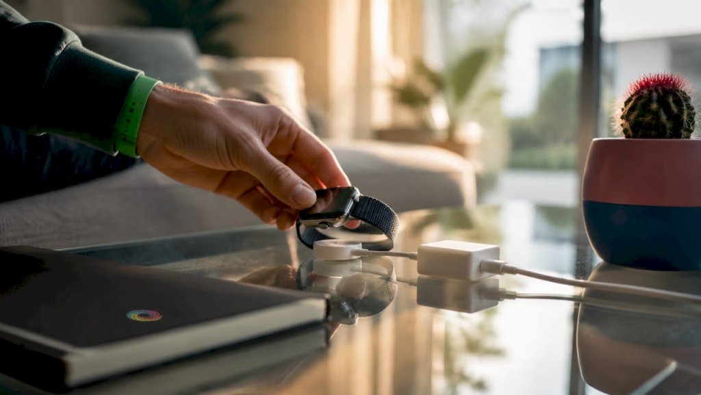 Někdo právě přikládá Apple Watch k nabíjecí základně. Někdo právě přikládá Apple Watch k nabíjecí základně.