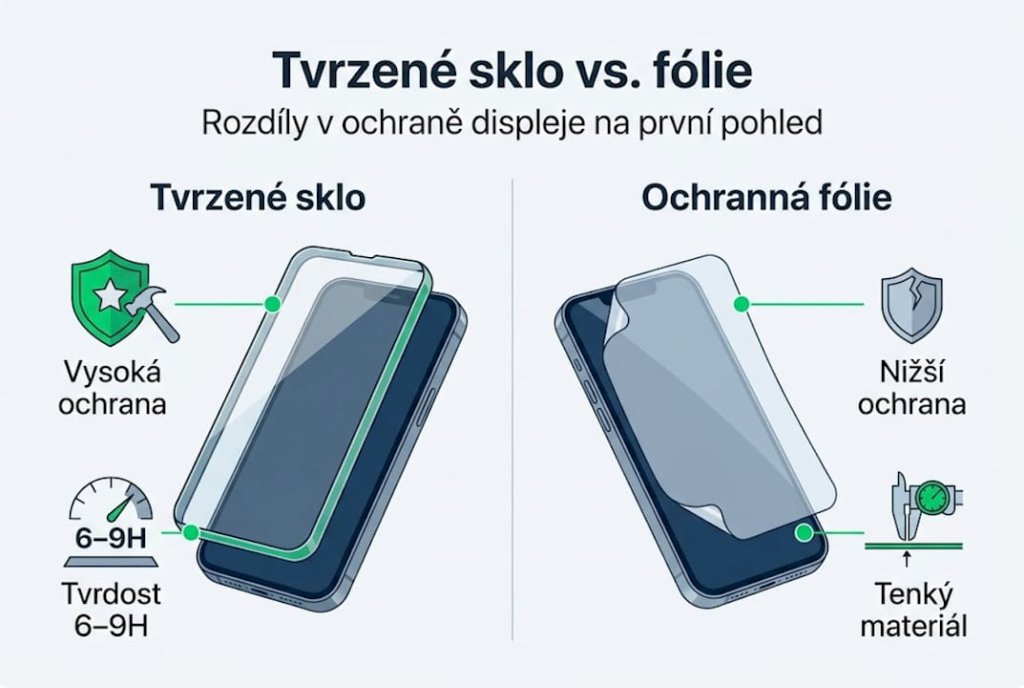 Přehledn&eacute; srovn&aacute;n&iacute; tvrzen&eacute;ho skla a ochrann&eacute; f&oacute;lie v infografice
