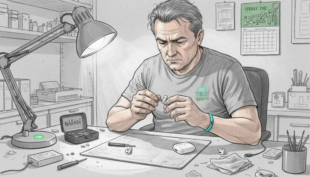 Technik rozebírá AirPod na přeplněném pracovním stole plném nářadí a součástek. Technik rozebírá AirPod na přeplněném pracovním stole plném nářadí a součástek.