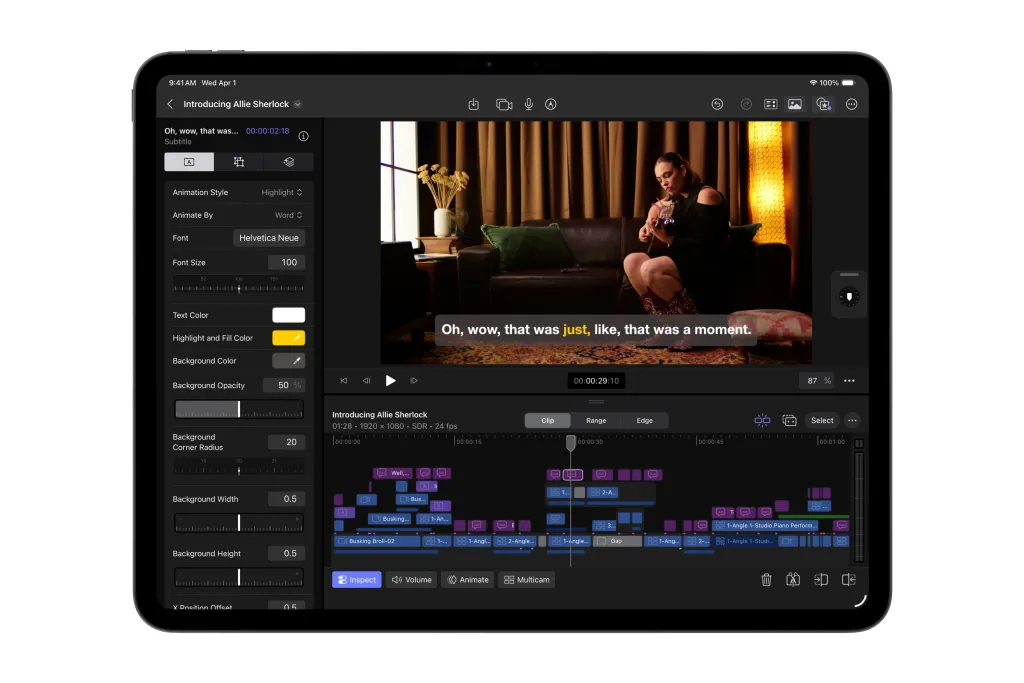 Funkce Generate Captions ve Final Cutu Pro pro iPad Automatické vytváření a úprava titulků ve Final Cutu Pro na iPadu