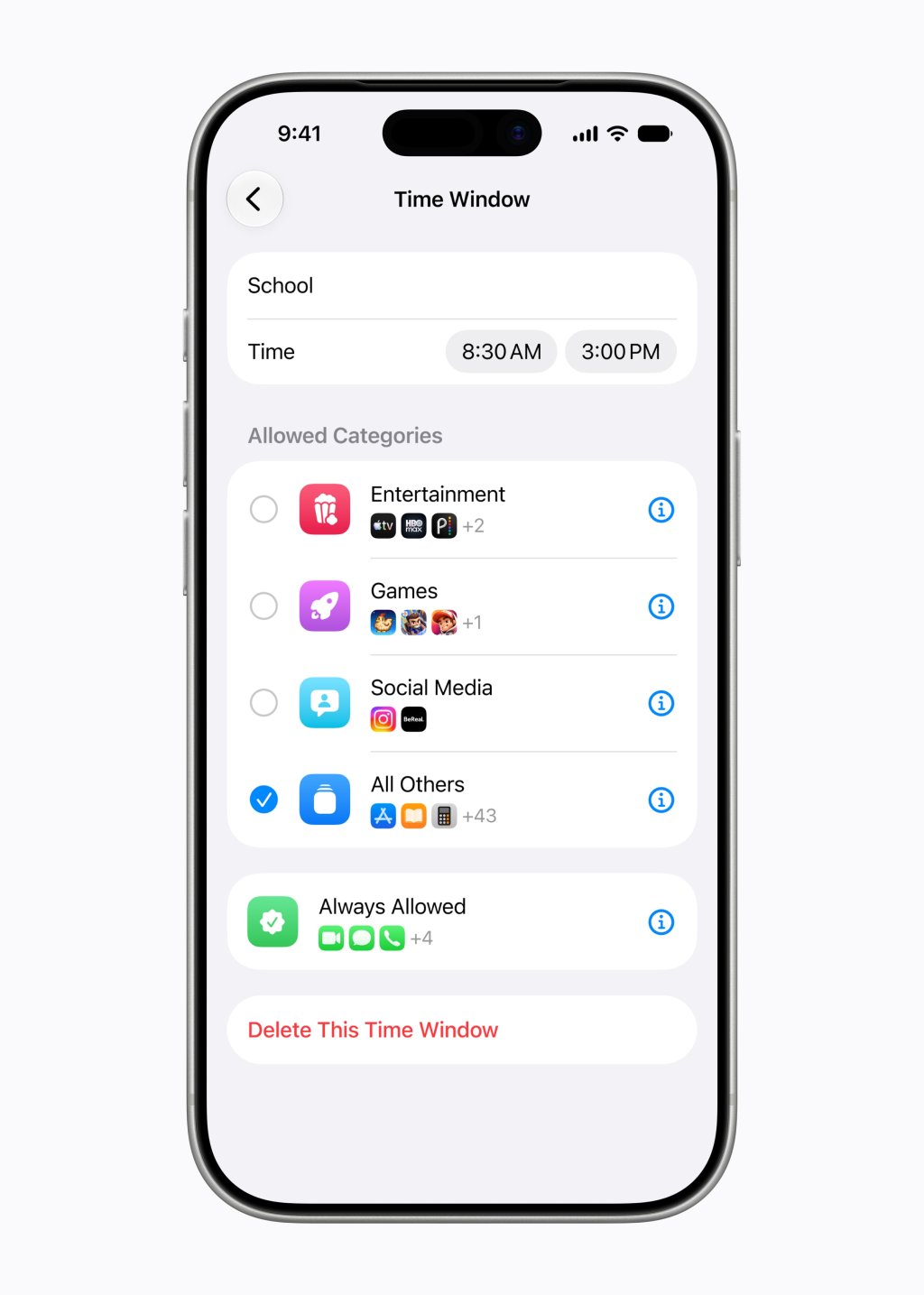 Čas u obrazovky v iOS 27 přináší nové rozvrhy pro děti Rozvrh Času u obrazovky v iOS 27 s povolenými aplikacemi pro školu a volný čas