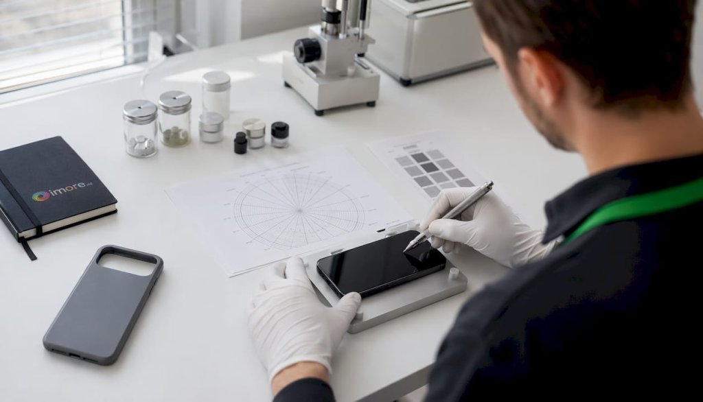 Technik provádí test odolnosti displeje chytrého telefonu proti poškrábání. Technik provádí test odolnosti displeje chytrého telefonu proti poškrábání.