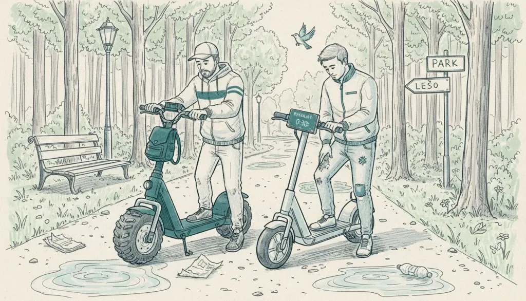 Dvě různé elektrokoloběžky zaparkované venku Dvě různé elektrokoloběžky zaparkované venku