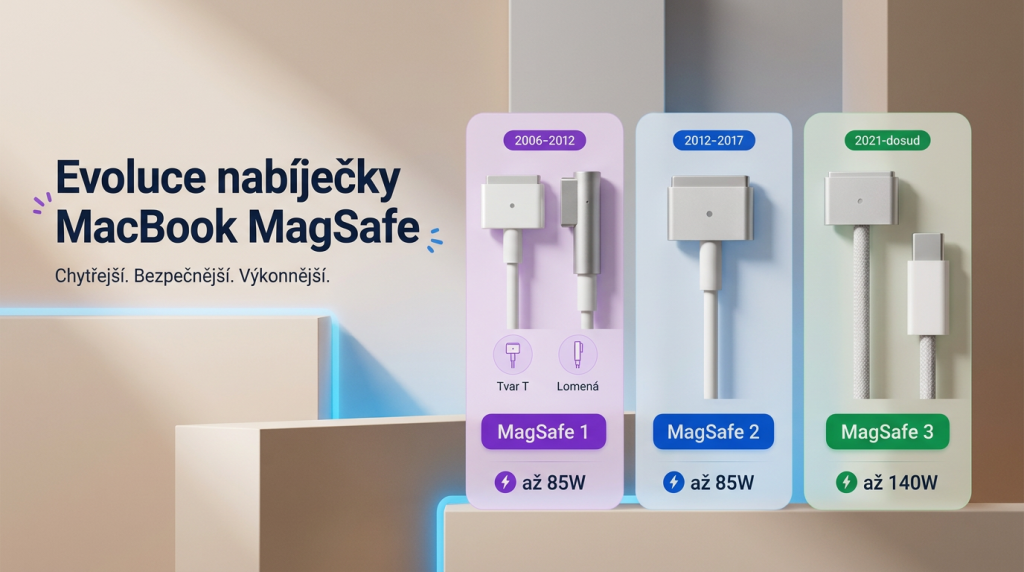 Na stole leží tři MagSafe konektory vedle sebe. Na stole leží tři MagSafe konektory vedle sebe.