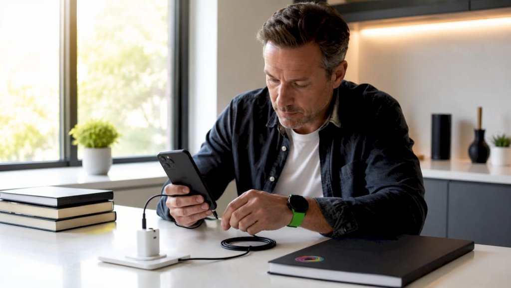 Muž si nabíjí telefon Samsung pomocí rychlonabíječky s adaptivním nabíjením. Muž si nabíjí telefon Samsung pomocí rychlonabíječky s adaptivním nabíjením.