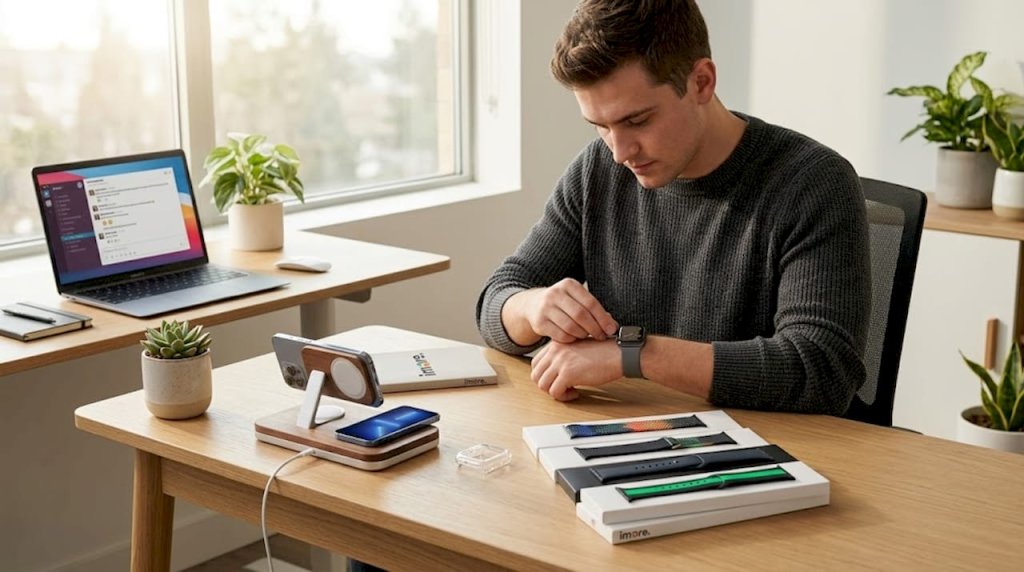 Někdo si u stolu pečlivě tř&iacute;d&iacute; př&iacute;slu&scaron;enstv&iacute; k Apple Watch.