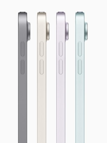 Zleva doprava: (1) Nový iPad Air je k dispozici ve vesmírně šedé a hvězdné barvě, navíc v novém fialovém a modrém provedení. (2) Širokoúhlý zadní fotoaparát s rozlišením 12 Mpx v iPadu Air pořizuje fotografie ve vysokém rozlišení a detailní video ve 