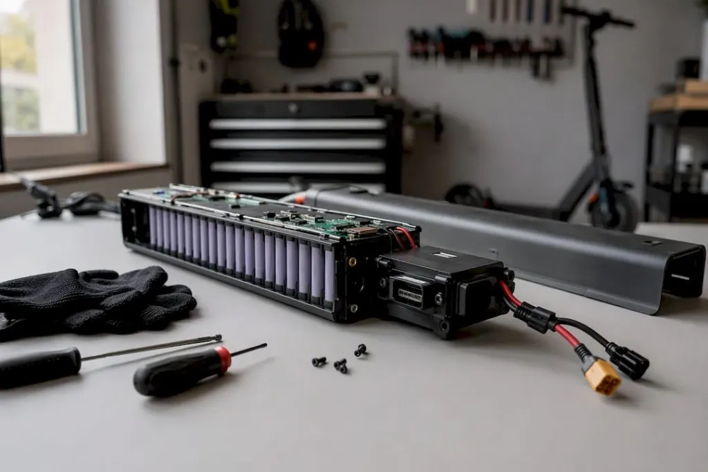 Baterie elektrické koloběžky a nářadí na pracovním stole