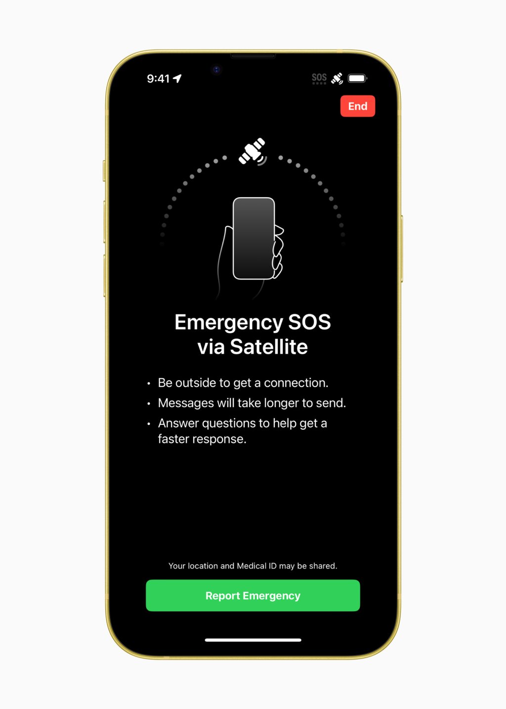 Tísňové volání SOS přes satelit umožňuje uživatelům posílat zprávy tísňovým službám i mimo pokrytí mobilními sítěmi a Wi-Fi.