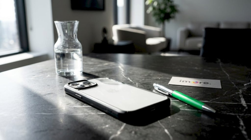 Pohled na hybridní obal iPhonu položený na stole Pohled na hybridní obal iPhonu položený na stole