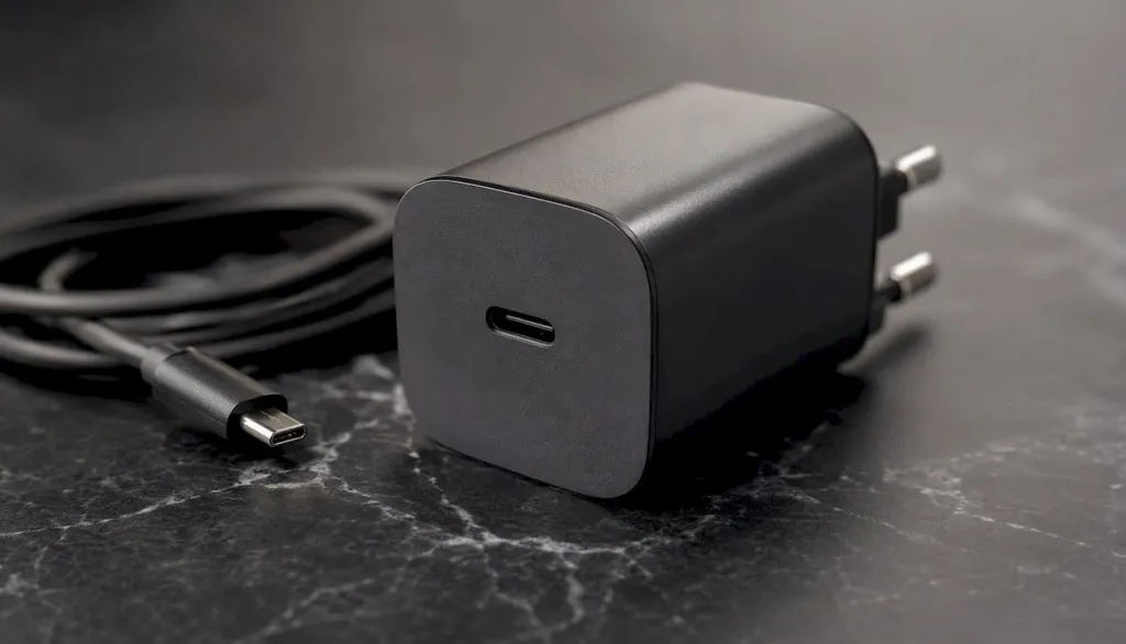 Detailní pohled na certifikovanou USB nabíječku a kabel
