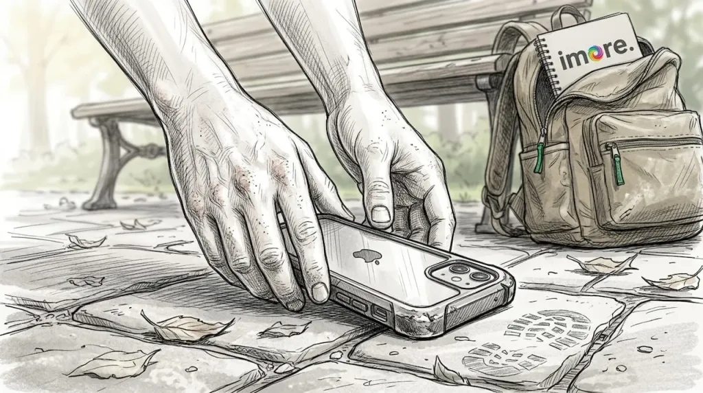 Ruce sbírají iPhone v pevném obalu ze země. Ruce sbírají iPhone v pevném obalu ze země.