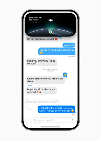 Zprávy přes satelit umožňují uživatelům posílat a přijímat texty, emoji a Tapbacky přes iMessage a SMS, když není k dispozici mobilní připojení nebo připojení Wi-Fi.