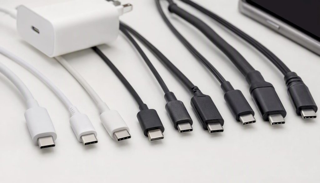 Různé typy USB-C kabelů položené na šedém podkladu