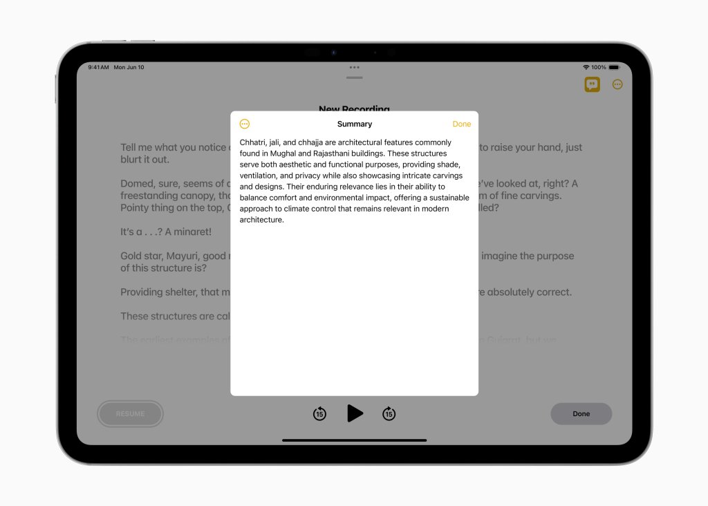 Po dokončen&iacute; z&aacute;znamu vygeneruje aplikace Apple Intelligence shrnut&iacute;, kter&eacute; v&aacute;m pomůže připomenout kl&iacute;čov&eacute; body.