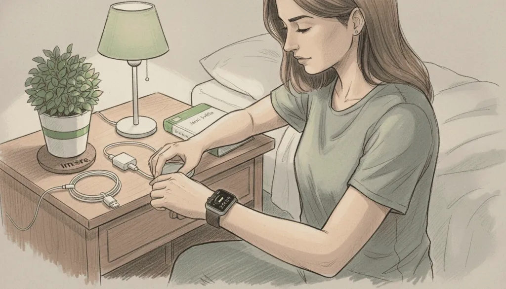 Žena si pokládá Apple Watch na nabíječku. Žena si pokládá Apple Watch na nabíječku.