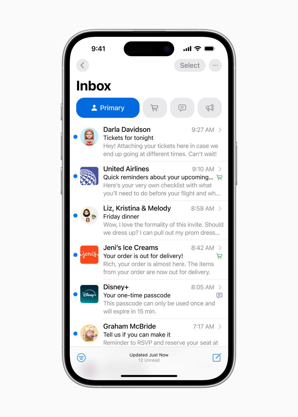 Aplikace Mail v iOS 18 nab&iacute;z&iacute; nov&eacute; možnosti spr&aacute;vy e-mailů, kter&eacute; automaticky tř&iacute;d&iacute; zpr&aacute;vy do kategori&iacute; jako Prim&aacute;rn&iacute;, N&aacute;kupy, Aktualizace a Reklamy pro lep&scaron;&iacute; přehlednost.
