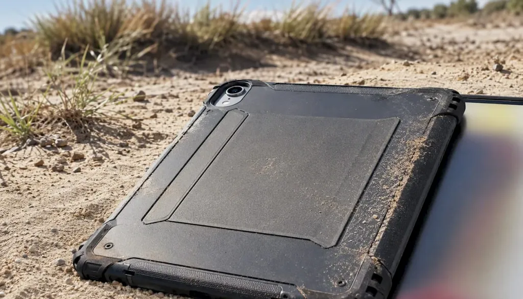 Odolný kryt na iPad položený venku na kamenném povrchu