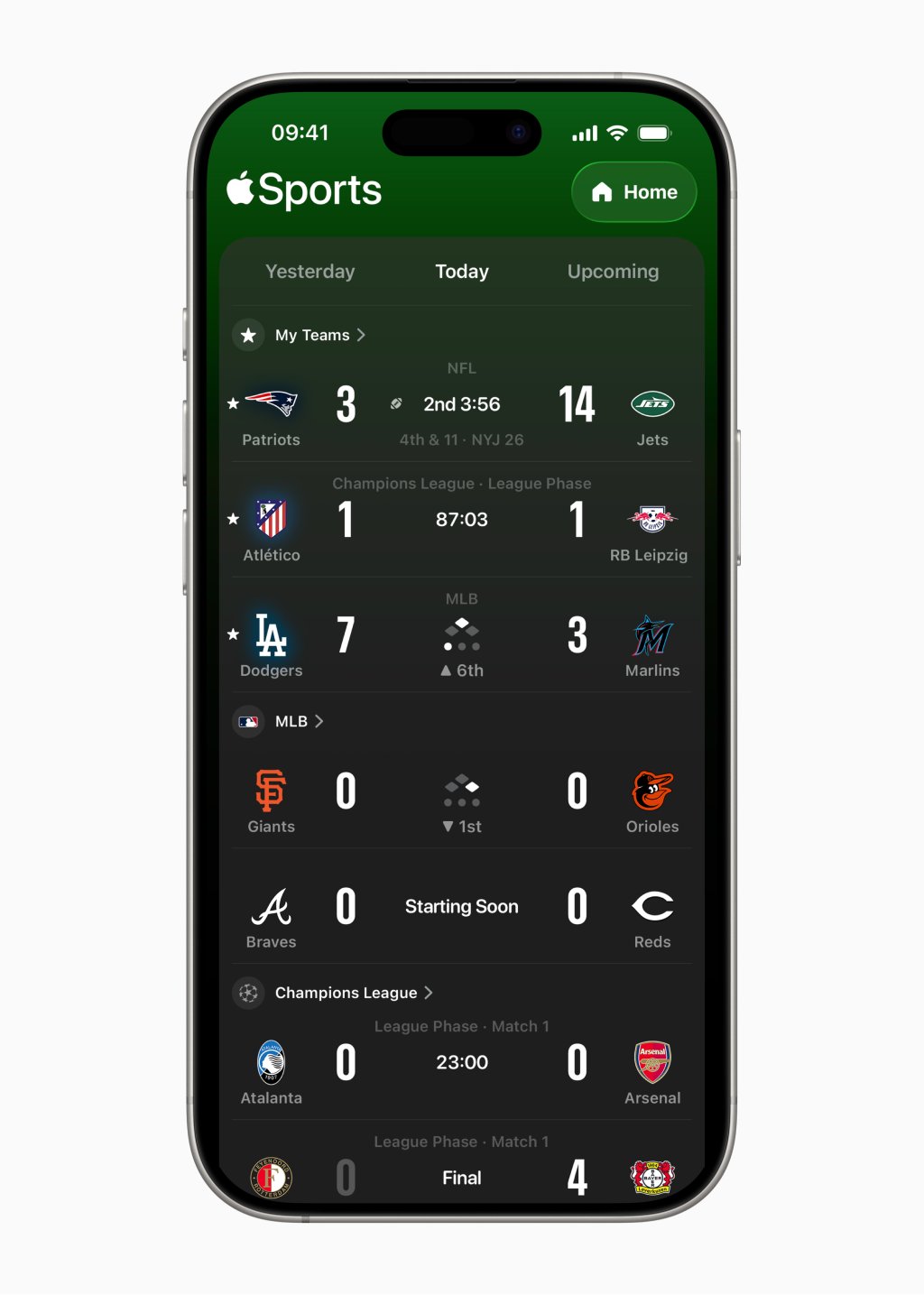 Apple Sports – Denní přehled zápasů a statistik Domovská obrazovka Apple Sports s výsledky