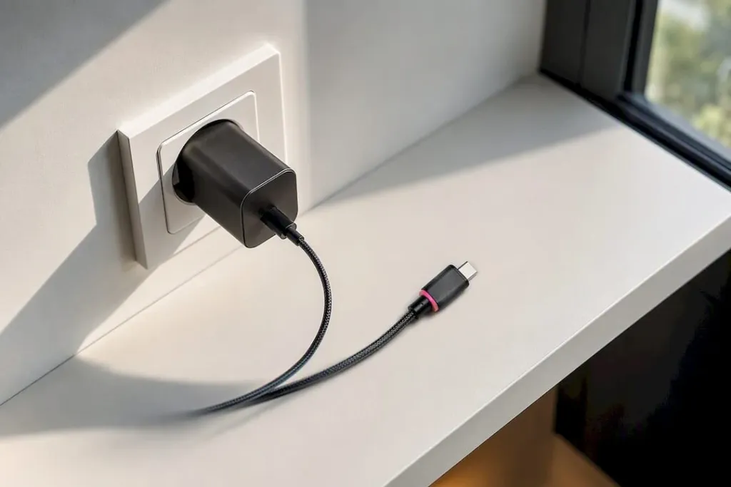 USB-C adaptér a kabel v zásuvce bez označení