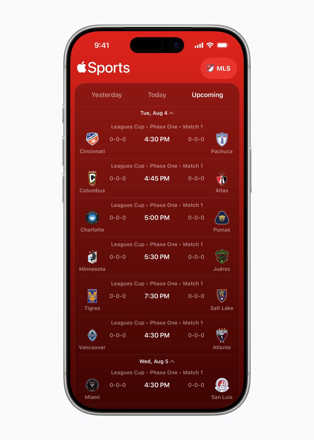 Rozpis nadch&aacute;zej&iacute;c&iacute;ch z&aacute;pasů Leagues Cupu 2026 v aplikaci Apple Sports na iPhonu