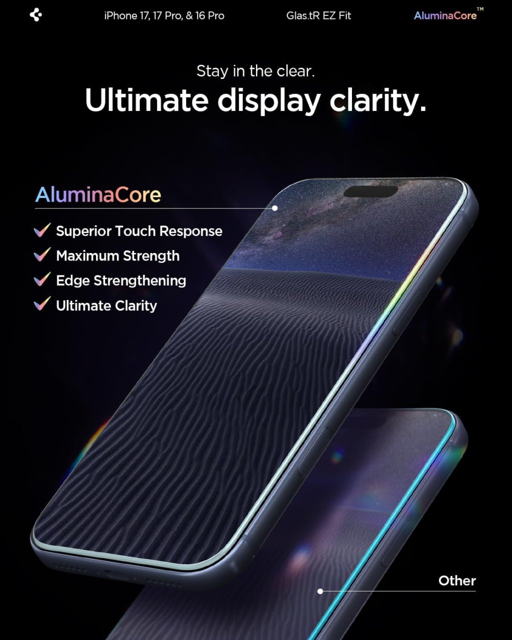 Tvrzené sklo Spigen AluminaCore – maximální čistota displeje a odolnost Ochranné sklo Spigen AluminaCore na iPhone