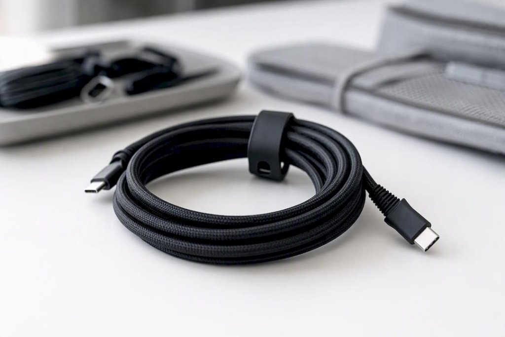 Navinutý nabíjecí kabel s ochranou proti zlomení položený na šedém podkladu
