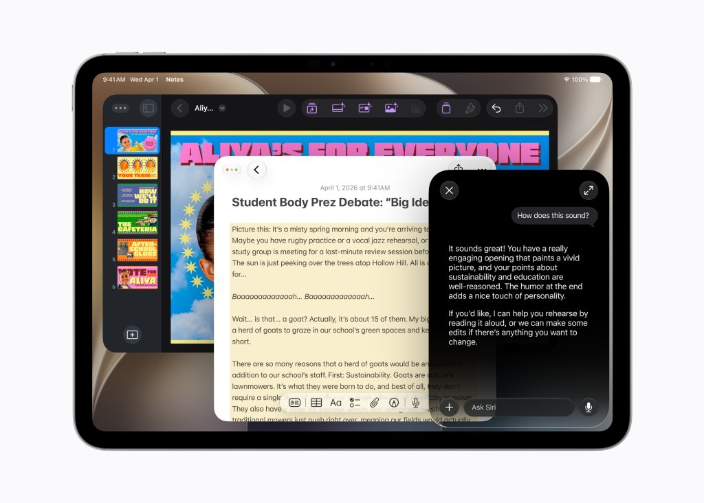 Siri AI pom&aacute;h&aacute; s &uacute;pravou textu a poskytuje n&aacute;vrhy při pr&aacute;ci na iPadu