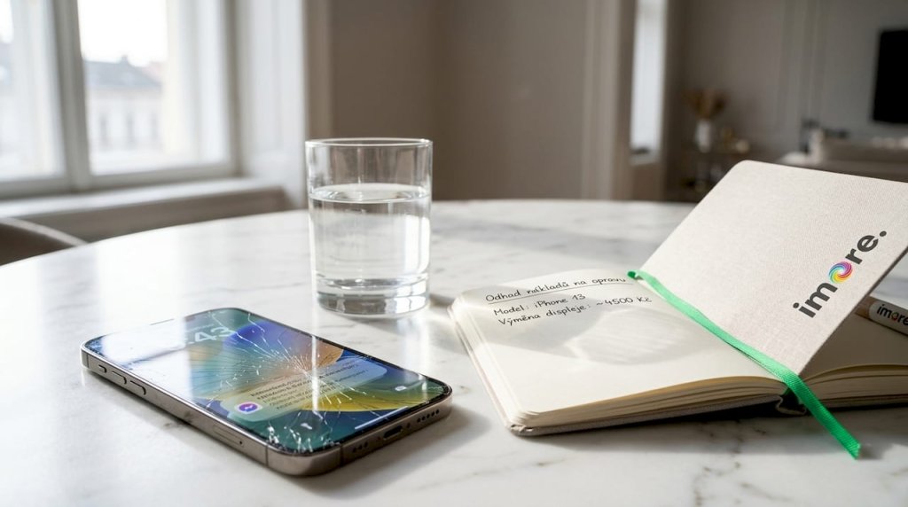 Na kuchyňsk&eacute;m stole lež&iacute; rozbit&yacute; iPhone mezi hromadou pap&iacute;rů.