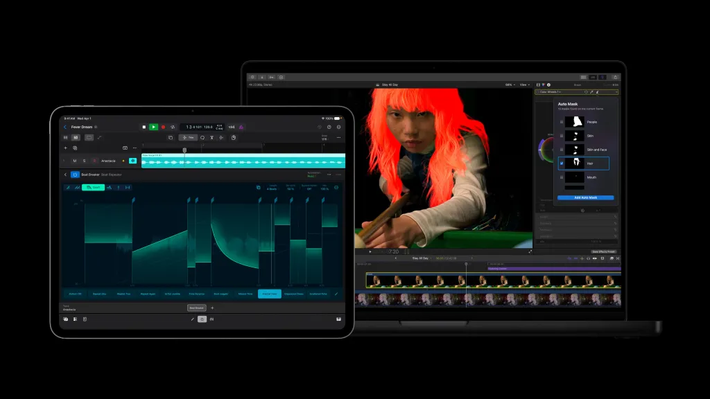 Aktualizované aplikace Apple Creator Studio na Macu a iPadu Apple Creator Studio s aplikacemi Final Cut Pro a Logic Pro na MacBooku a iPadu