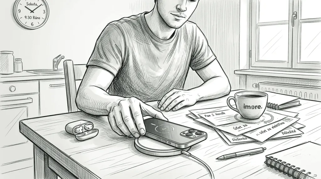 Muž si u kuchyňského stolu nabíjí telefon pomocí MagSafe nabíječky. Muž si u kuchyňského stolu nabíjí telefon pomocí MagSafe nabíječky.