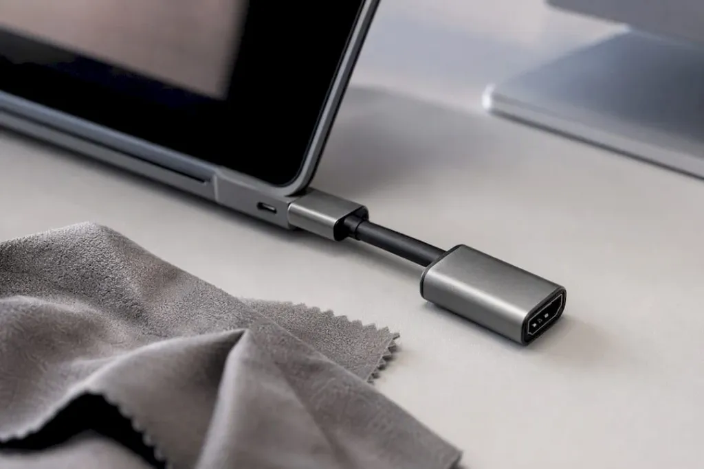 Detailní záběr USB-C portu s připojeným video kabelem