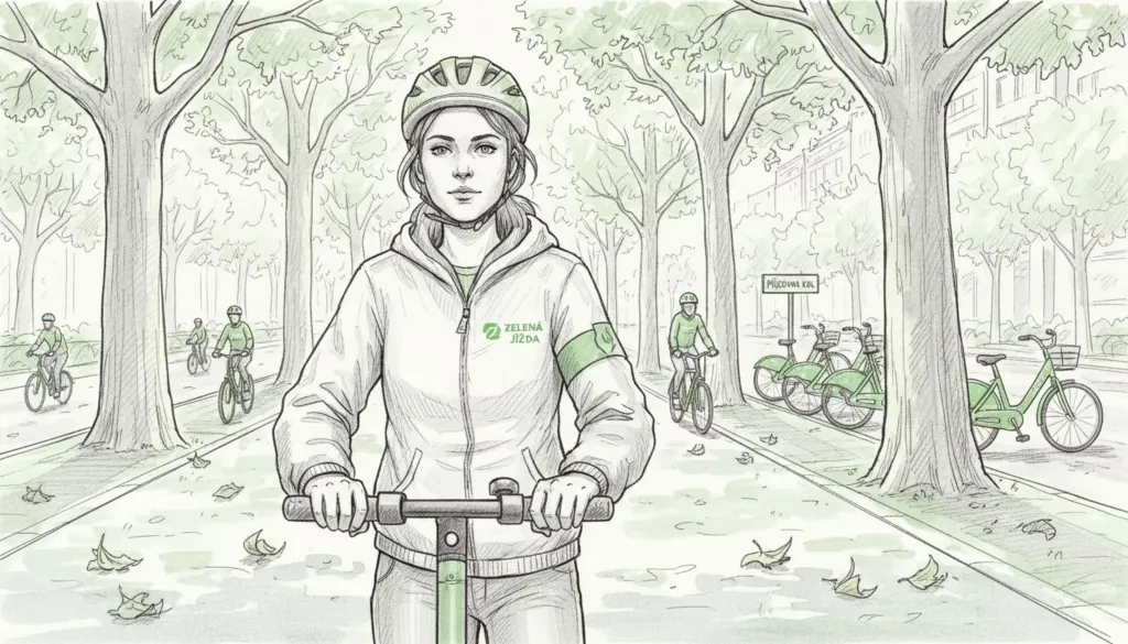 Žena projíždí na elektrické koloběžce podél řeky cestou do práce. Žena projíždí na elektrické koloběžce podél řeky cestou do práce.