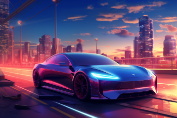 Obrázek moderního elektrického vozidla na silnici symbolizující budoucnost elektromobility