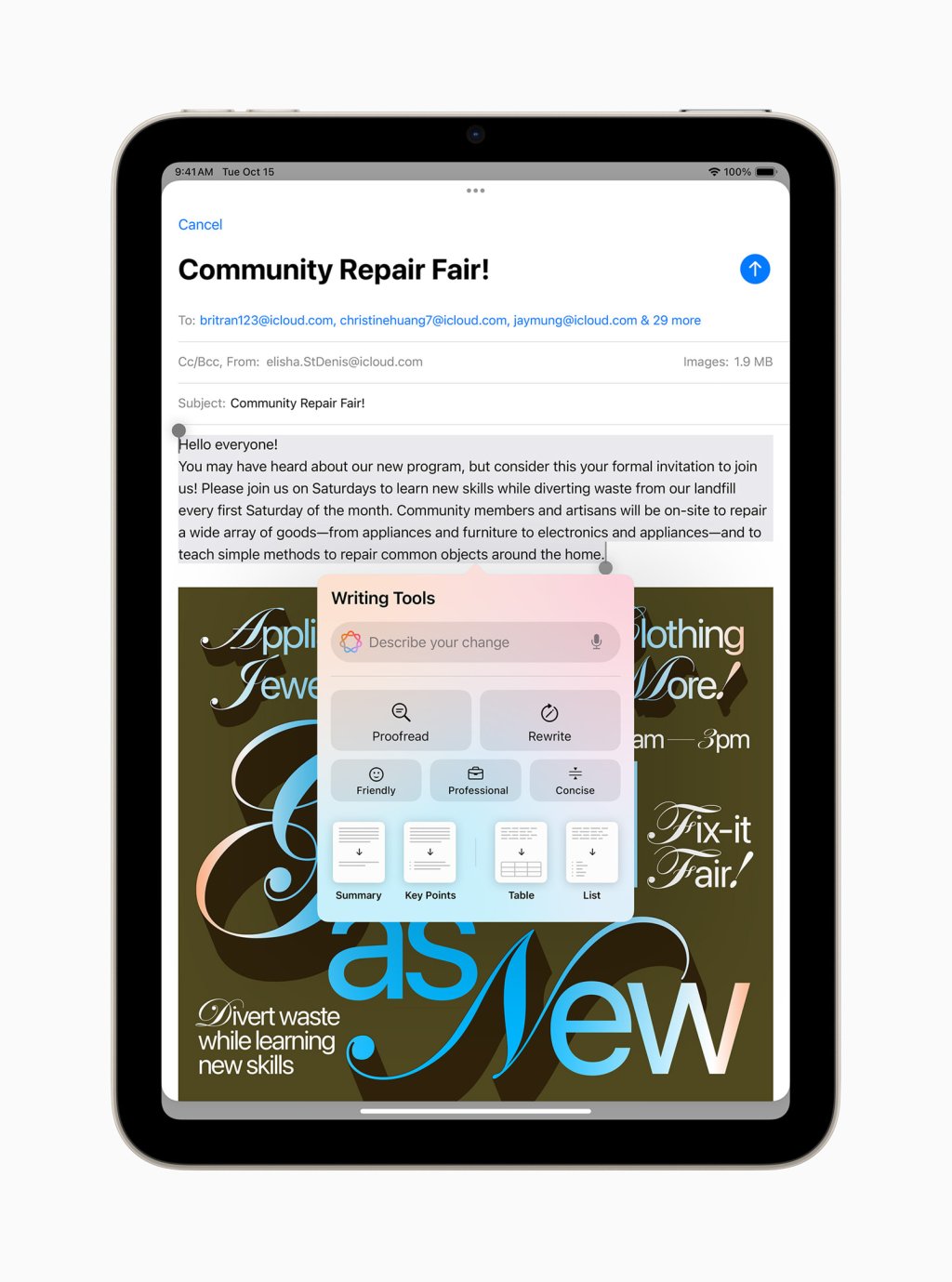 Syst&eacute;mov&eacute; n&aacute;stroje pro psan&iacute; v iPadOS 18 s Apple Intelligence umožňuj&iacute; přepis, korekturu a shrnut&iacute; textu t&eacute;měř ve v&scaron;ech aplikac&iacute;ch.