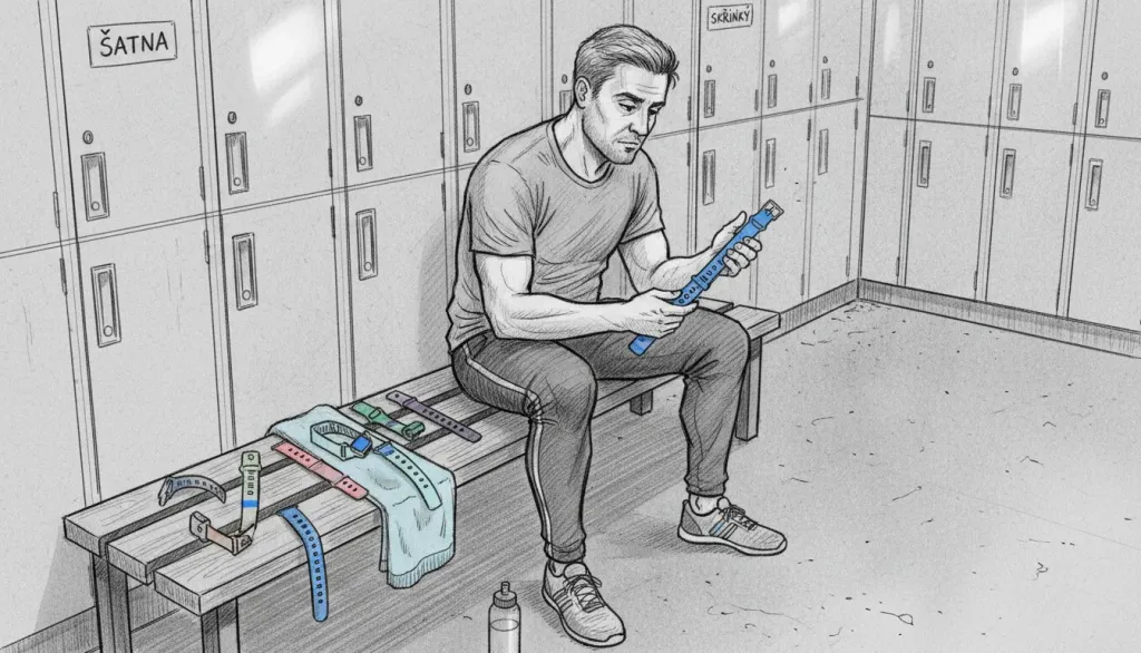 Sportovec si na lavičce vyb&iacute;r&aacute; mezi různ&yacute;mi sportovn&iacute;mi p&aacute;sky k Apple Watch a porovn&aacute;v&aacute; je mezi sebou.