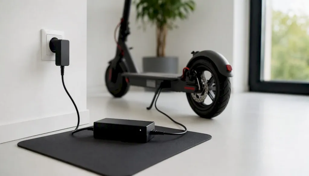 Nabíjení elektrokoloběžky doma s bezpečnostní podložkou