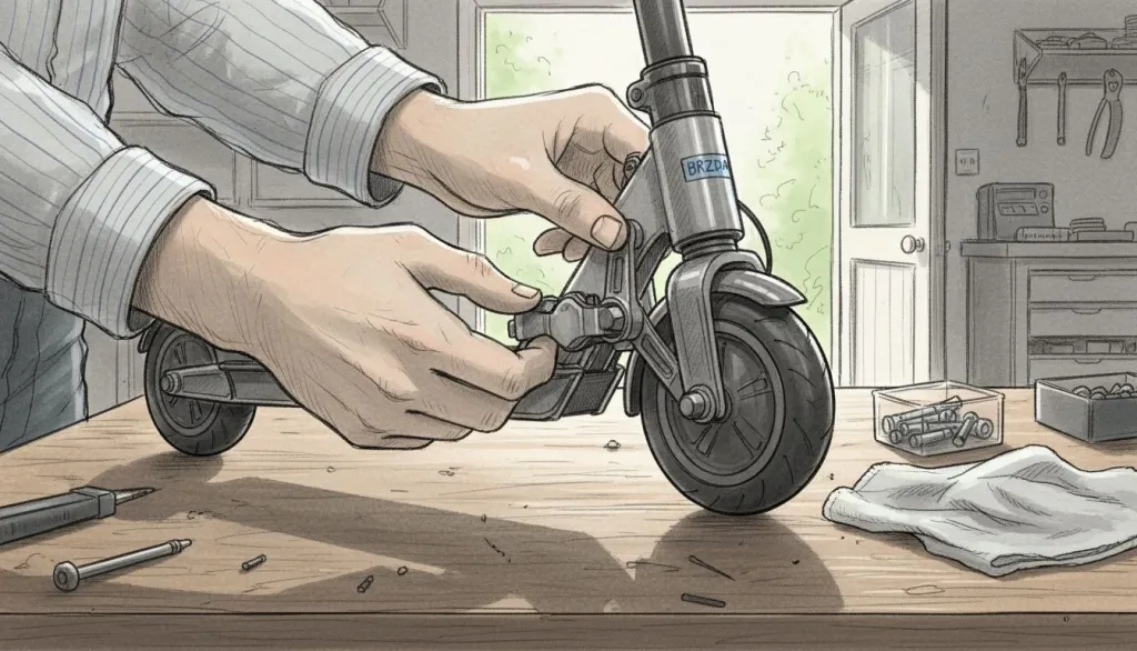 Detailn&iacute; z&aacute;běr na mechanika, kter&yacute; pr&aacute;vě nasazuje nov&eacute; brzdov&eacute; destičky.
