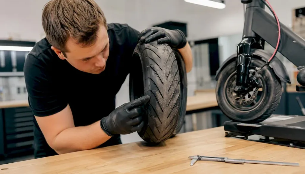 Detailní pohled na kontrolu pneumatiky elektrické koloběžky