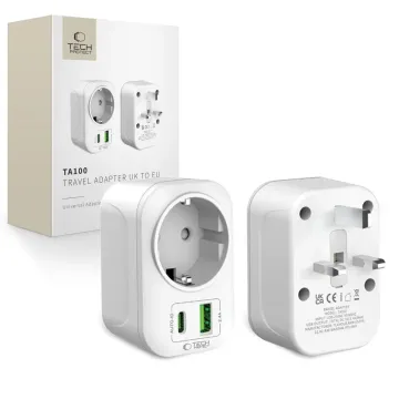 Tech-Protect TA100 cestovn&iacute; adapt&eacute;r UK na EU s USB-A a USB-C 2500W b&iacute;l&yacute;