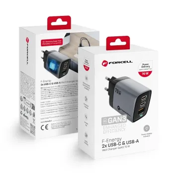 Nabíječka Forcell F-Energy GaN3 VT-37 70W LCD 2x USB-C + USB-A PD QC4.0 SAM SFC2.0 3,45A šedá