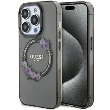 Kryt Guess Flowers Wreath MagSafe iPhone 15 Pro černý