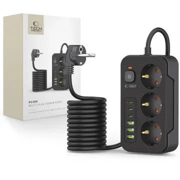TECH-PROTECT PC3X6 prodlužovac&iacute; kabel s 3 z&aacute;suvkami 3 USB-A a 3 USB-C 200 cm čern&yacute;