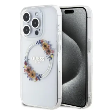 Kryt Guess Flowers Wreath MagSafe iPhone 15 Pro čirý