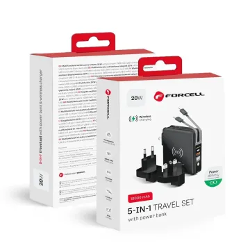 Forcell 20W 5v1 s powerbankou 10000mAh, USB-C/lightning a bezdrátovým nabíjením, černá
