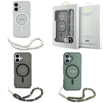 GUESS HardCase IML Glitter MagSafe + Pearl Strap iPhone 16