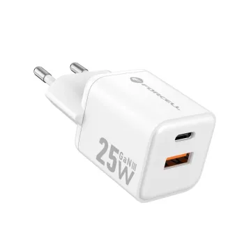 Forcell F-Energy VT-25B Mini GaN III 25W rychlá síťová nabíječka USB-A USB-C PD QC 4.0 bílá